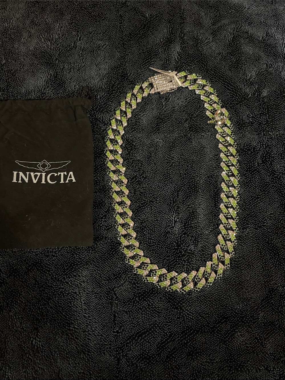 Invicta Silver & Green Pavé Cuban Link Necklace